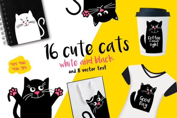 Set Black and White Cats Vector: Graphics & Print Templates